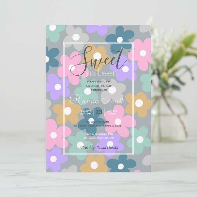 Invitación Groovy Daisy Flowers Gray Retro Boho Floral (Anverso de pie)