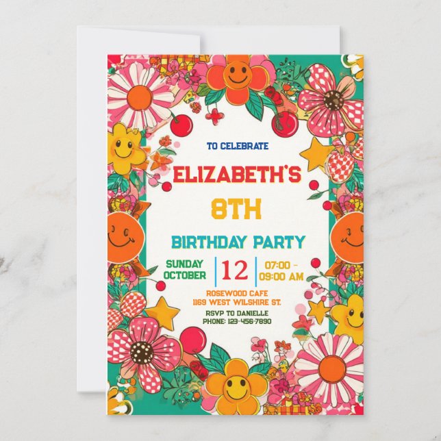 Invitación Groovy Daisy y Cara Sonriente Cumpleaños Retro (Anverso)