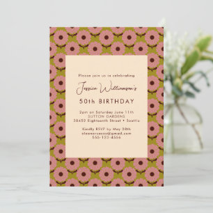 Invitación Groovy de flor verde rosa Retro Boho 50 cumpleaños
