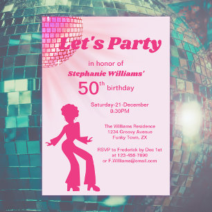 Invitación Groovy Disco bola Pink Purple Womans 50 cumpleaños
