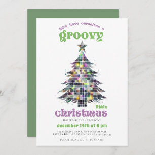 Invitación Groovy Disco Tree Retro Navidad Rosa Verde Fiesta