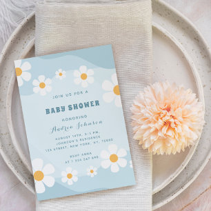 Invitación Groovy Dusty Blue Retro Daisy Floral Baby Shower