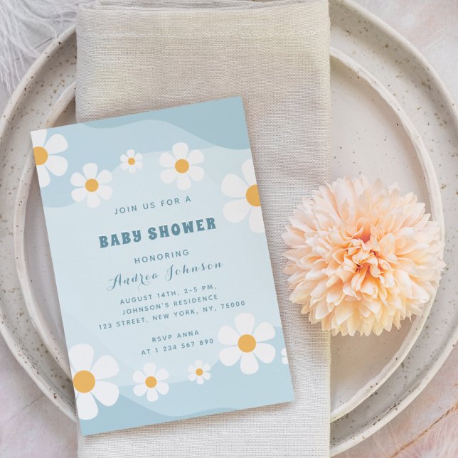Invitación Groovy Dusty Blue Retro Daisy Floral Baby Shower (Subido por el creador)