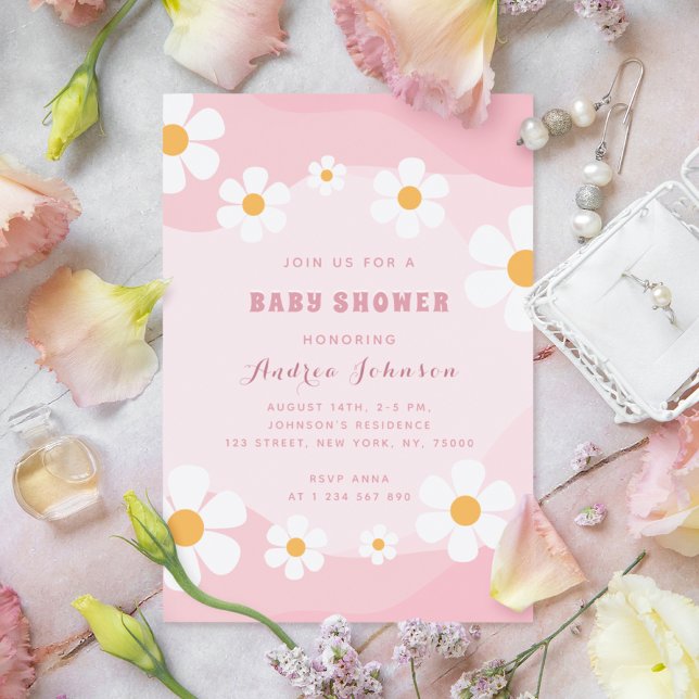 Invitación Groovy Dusty Retro Rosa Daisy Floral Baby Shower (Subido por el creador)