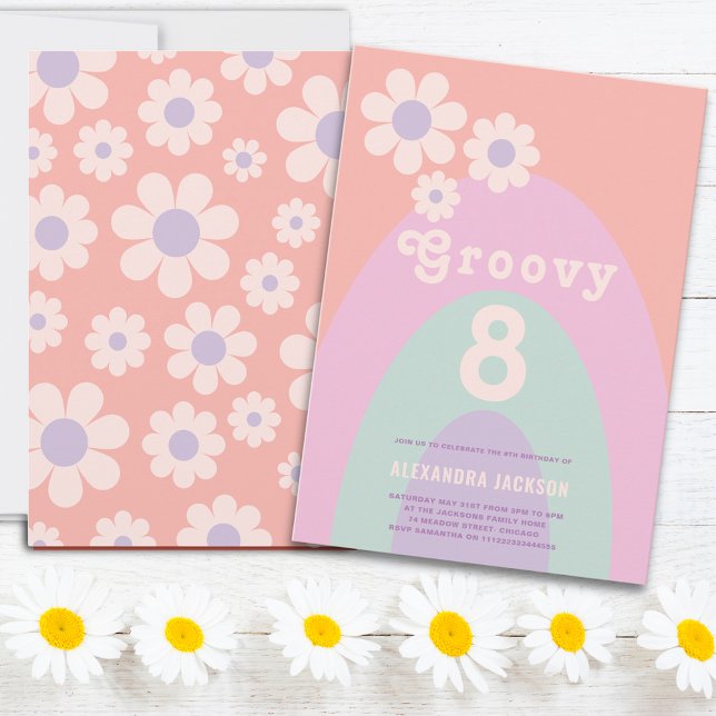 Invitación Groovy Eight Retro Daisy Arco Cumpleaños 8 (Groovy 8 retro 70s vintage pastel 8th birthday party invitation )