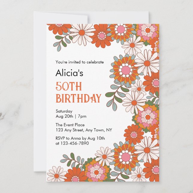 Invitación Groovy elegante Flor hippie y cumpleaños hoja (Anverso)