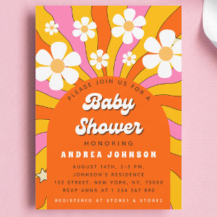 Invitación Groovy Fiesta Retro Hippie Arco Margarita Floral B