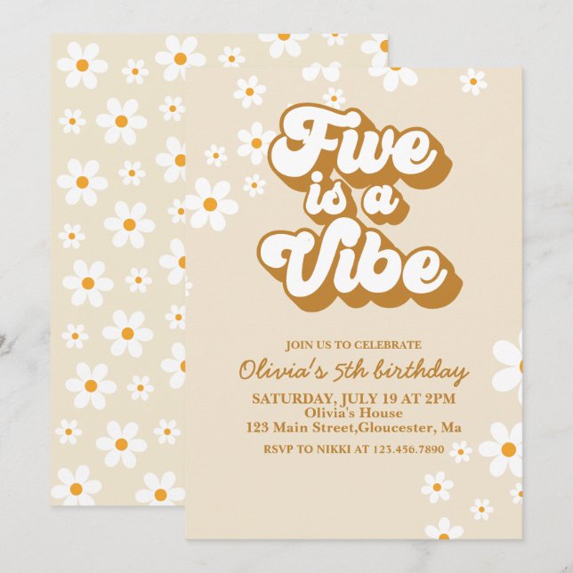 Invitación Groovy Five es un ambiente Retro Daisy cumpleaños  (Anverso / Reverso)
