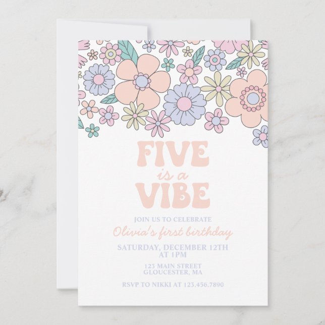Invitación Groovy Five es un cumpleaños número 5 con estilo f (Anverso)