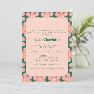 Invitación Groovy Flor Retro Paz Bat Verde Rosa Mitzvah