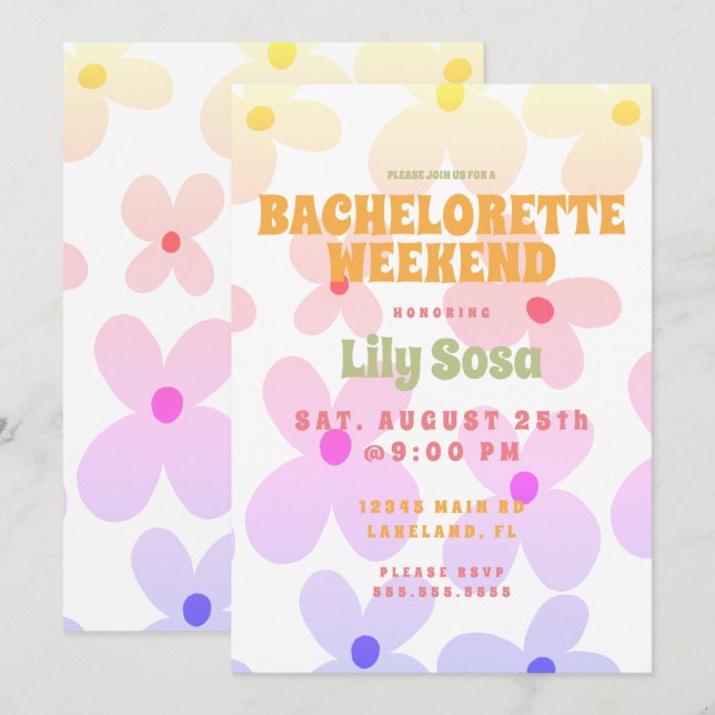 Invitación Groovy Flora  Fin de semana de soltera retro Arcoí (Anverso / Reverso)