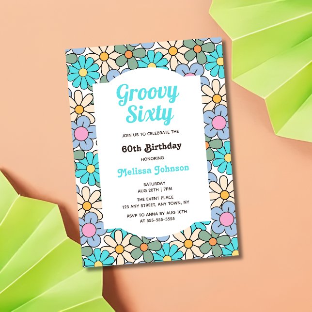 Invitación Groovy floral azul púrpura retro 60 cumpleaños (Subido por el creador)