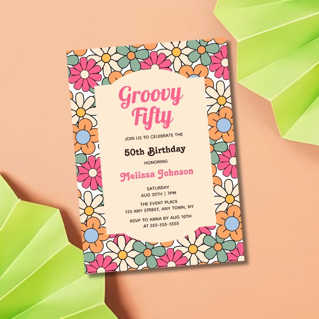 Invitación Groovy floral de rosa rosado retro 50 cumpleaños (Subido por el creador)