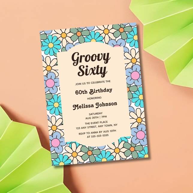 Invitación Groovy Floral Retro Blue Peach 60 cumpleaños (Subido por el creador)