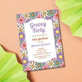 Invitación Groovy floral rosa púrpura retro 40 cumpleaños