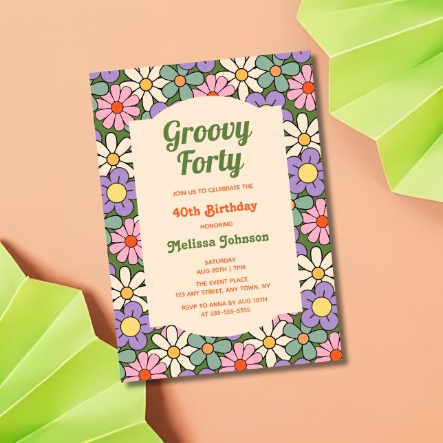 Invitación Groovy Floral Verde Retro 40 cumpleaños (Subido por el creador)