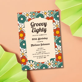 Invitación Groovy floral verde retro marrón 80 cumpleaños