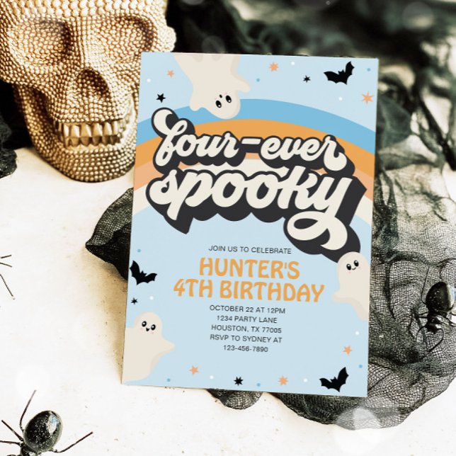Invitación Groovy Four-ever Spooky Boy 4 Birthday Halloween (Subido por el creador)