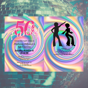 Invitación Groovy Funky Disco Tie Dye 50 cumpleaños de las mu