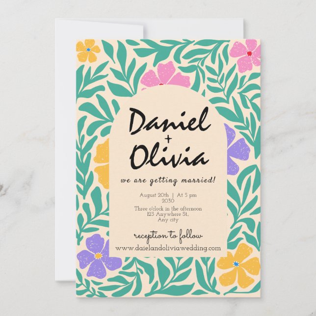 Invitación Groovy Funky Floral con Boda fotográfico QR (Anverso)