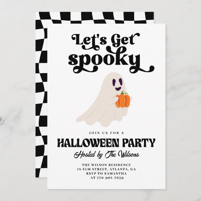 Invitación Groovy Ghost Hagamos Halloween con miedo (Anverso / Reverso)