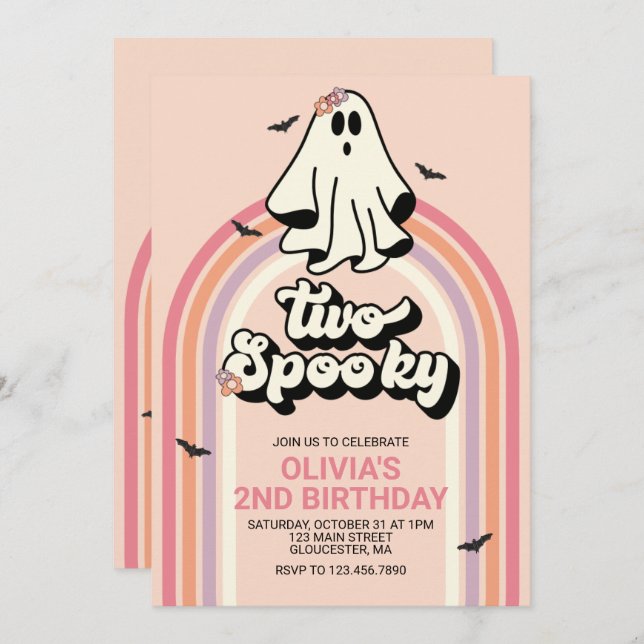 Invitación groovy Ghost retro Halloween dos cumpleaños espelu (Anverso / Reverso)