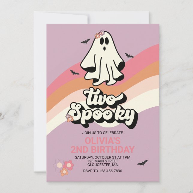 Invitación groovy Ghost retro Halloween Dos cumpleaños espelu (Anverso)