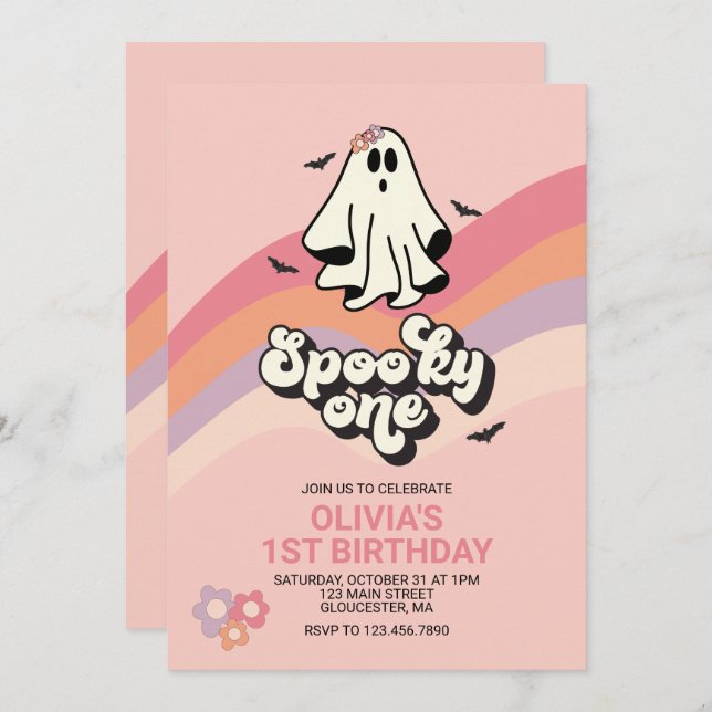 Invitación groovy Ghost retro Halloween Spooky Un cumpleaños (Anverso / Reverso)