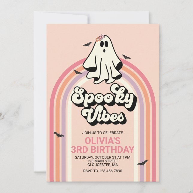 Invitación groovy Ghost retro Halloween Spooky Vibes Cumpleañ (Anverso)