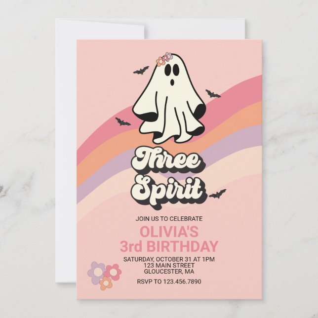 Invitación groovy Ghost retro Halloween Three Spirit Birthday (Anverso)
