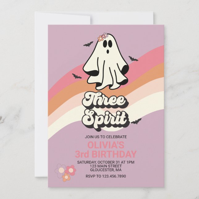 Invitación groovy Ghost retro Halloween Three Spirit Birthday (Anverso)