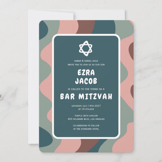 Invitación Groovy Green Waves Star of David Personalizado Bar (Anverso)