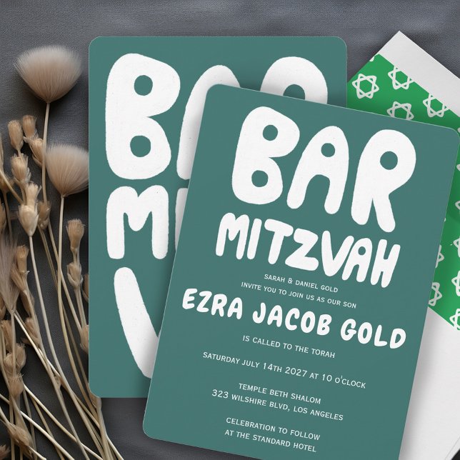 Invitación Groovy Handlettering Personalizado Bar Bnai Mitzva (Groovy Handlettering Custom Bar Mitzvah Teal Green Invitation Minimalist Simple)