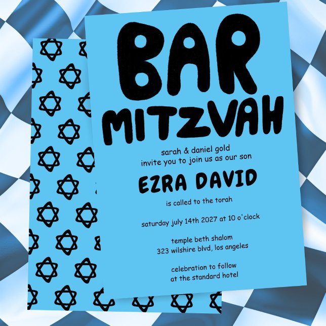 Invitación Groovy Handlettering Personalizado BAR Mitzvah Aud (Groovy Handlettering Custom BAR Mitzvah Bold Blue Stars Invitation
)