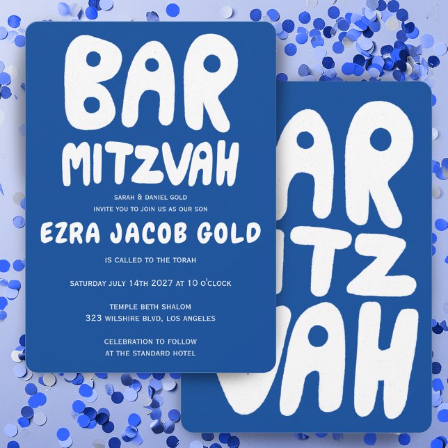 Invitación Groovy Handlettering Personalizado Bar Mitzvah Blu (Groovy Handlettering Custom Bar Mitzvah Blue White Invitation
)