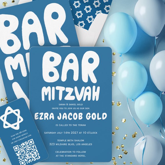 Invitación Groovy Handlettering Personalizado Bar Mitzvah Blu (Groovy Handlettering Custom Bar Mitzvah Blue Invitation
)