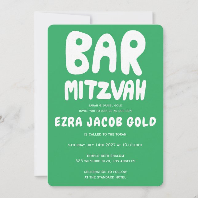 Invitación Groovy Handlettering Personalizado Bar Mitzvah Gre (Anverso)