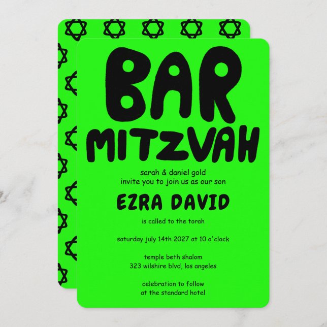 Invitación Groovy Handlettering Personalizado BAR Mitzvah Neo (Anverso / Reverso)