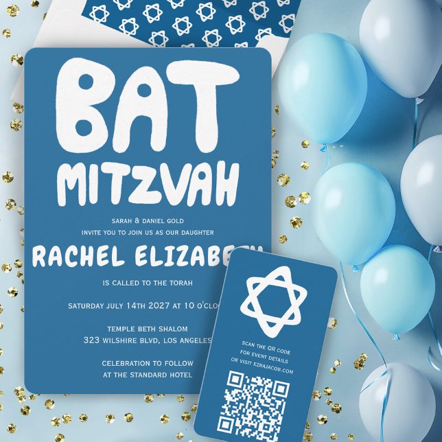Invitación Groovy Handlettering Personalizado Bat Mitzvah Blu (Groovy Handlettering Custom Bat Mitzvah Blue Stars Invitation
)