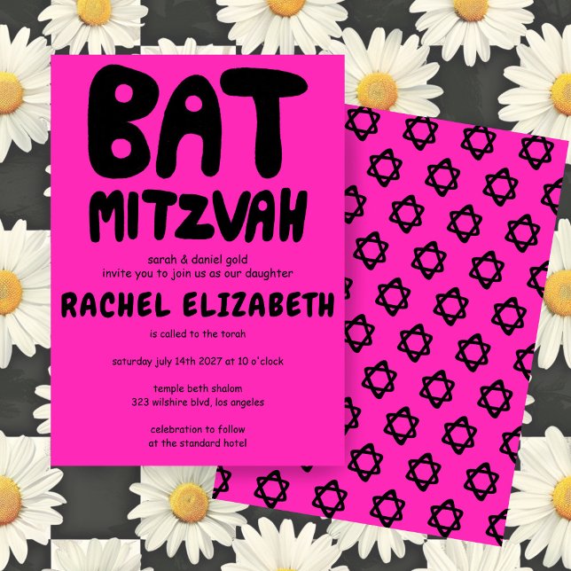 Invitación Groovy Handlettering Personalizado Bat Mitzvah Est (Groovy Handlettering Custom Bat Mitzvah Hot Pink Stars Bold Invitation
)