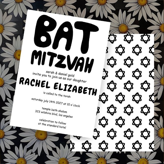 Invitación Groovy Handlettering Personalizado Bat Mitzvah Gra (Groovy Handlettering Custom Bat Mitzvah Bold Black and White Stars Invitation
)