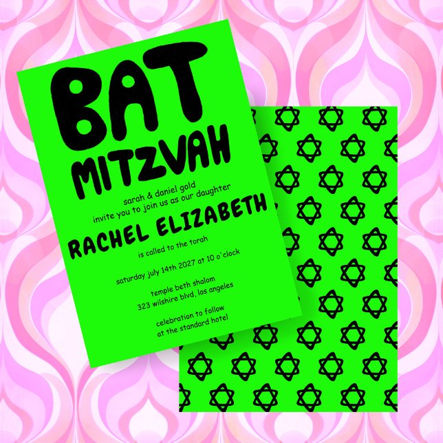 Invitación Groovy Handlettering Personalizado Bat Mitzvah Neo (Groovy Handlettering Custom Bat Mitzvah Neon Green Brat Stars Invitation
)