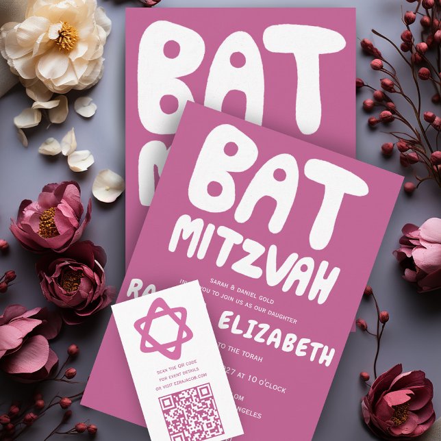 Invitación Groovy Handlettering Personalizado Bat Mitzvah Pin (Groovy Handlettering Custom Bat Mitzvah Pink Invitation
Collection)