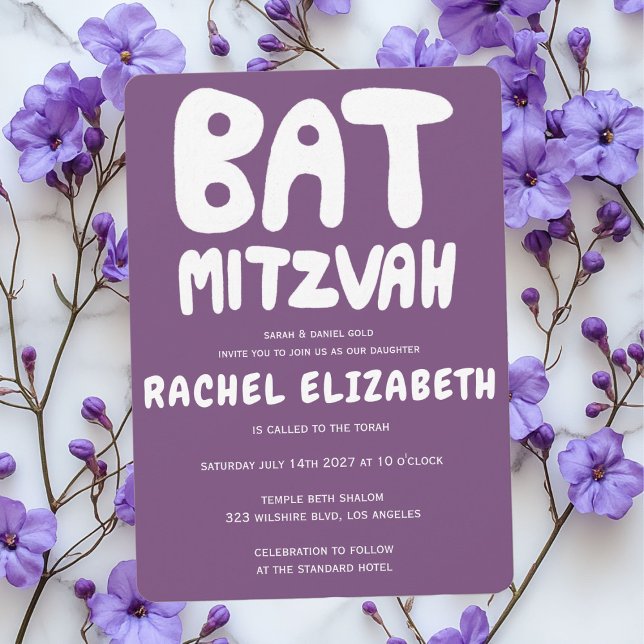 Invitación Groovy Handlettering Personalizado Bat Mitzvah Pur (Groovy Handlettering Custom Bat Mitzvah Purple Invitation
)