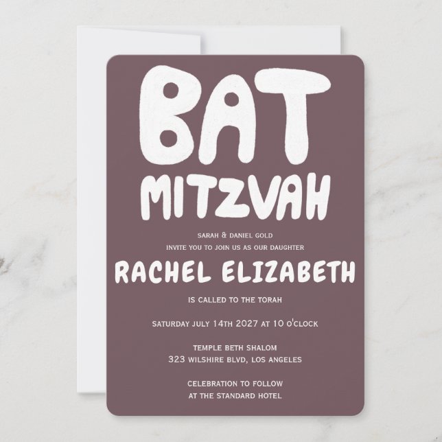 Invitación Groovy Handlettering Personalizado Bat Mitzvah Pur (Anverso)