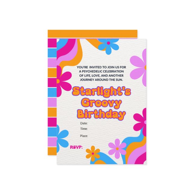 Invitación Groovy Hippie Amor Paz y Amor Celebración (Anverso/Reverso In Situ)