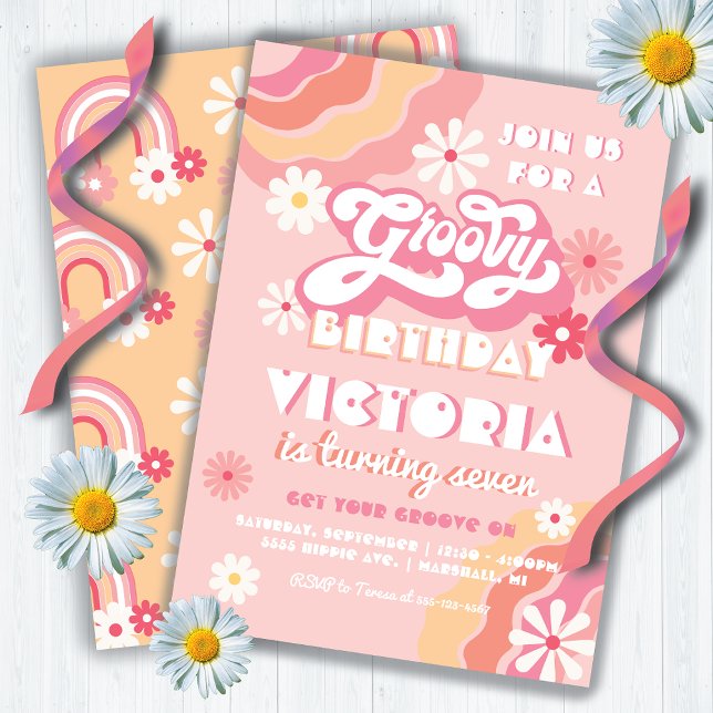 Invitación Groovy Hippie floral Birthday Party (Subido por el creador)