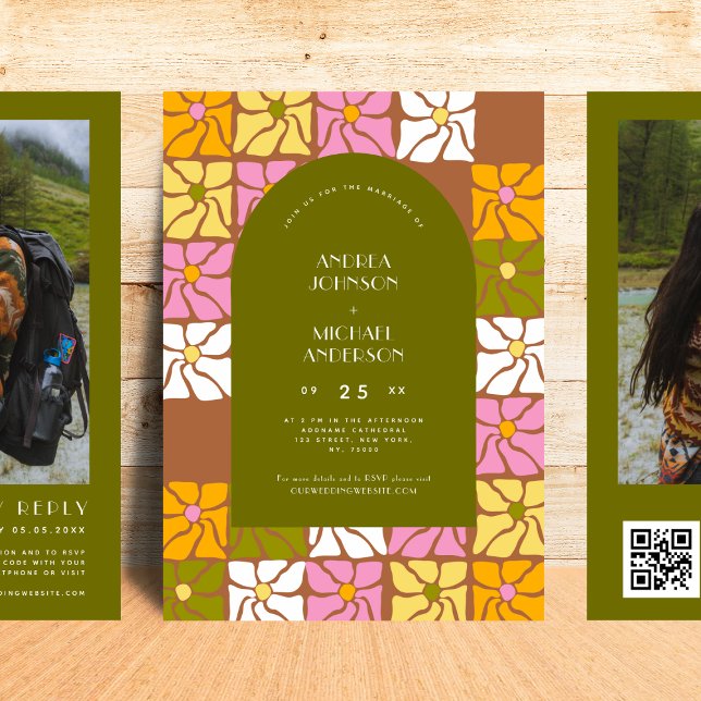 Invitación Groovy Hippie Floral Boho Arch QR Boda de código (Subido por el creador)