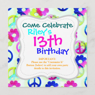 Invitación Groovy Hippie Peace anuncia flor Power Sparkle Pat