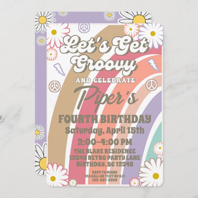 Invitación Groovy Hippy Boho Chicas Arcoiris y Daisy Cumpleañ (Anverso / Reverso)